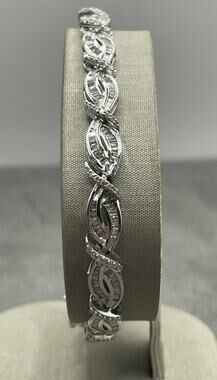 10K White Gold Baguette & Round Diamond Oval Bracelet (24937)